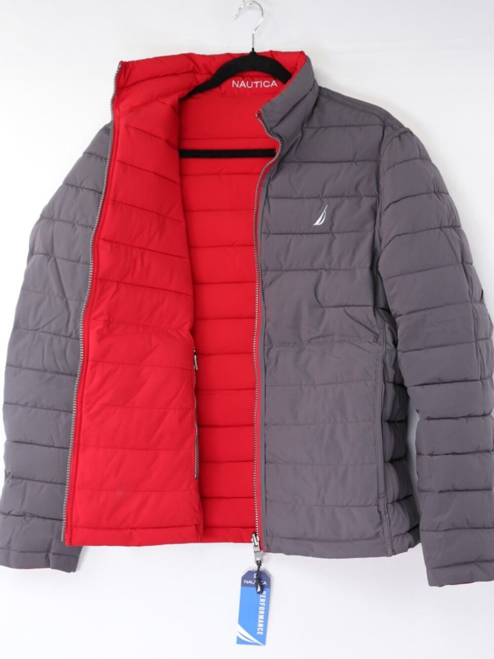 Nautica Reversible Puffer Jacket Stretch Water Resistant Red Gray